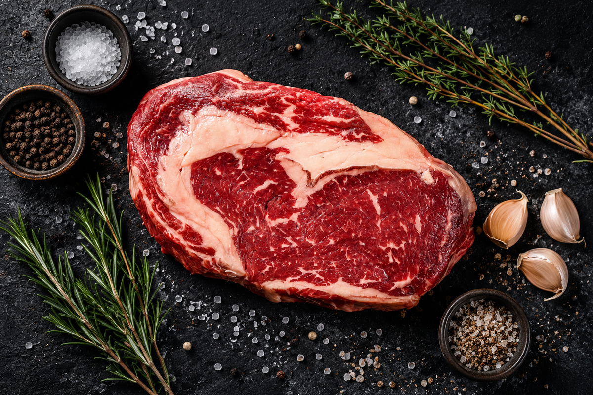 Meridian Beef Ribeye Steak with exceptional natural marbling, grilled to medium rare.